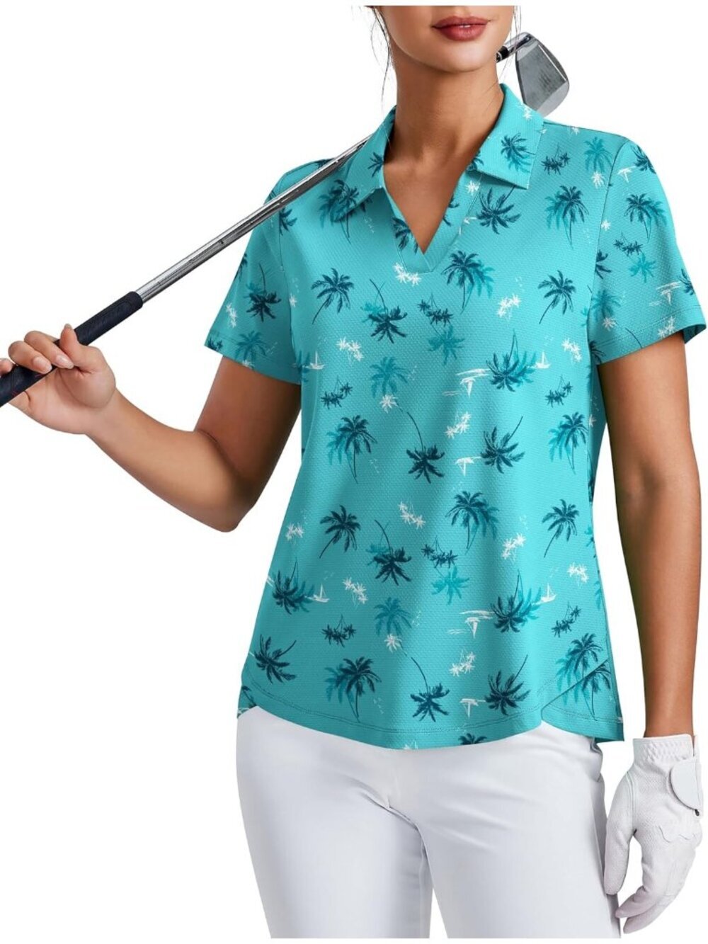 Womens Turquoise Coconut Tree  Golf Shirt UPF50+ Short Sleeve V-Neck Tennis Coll